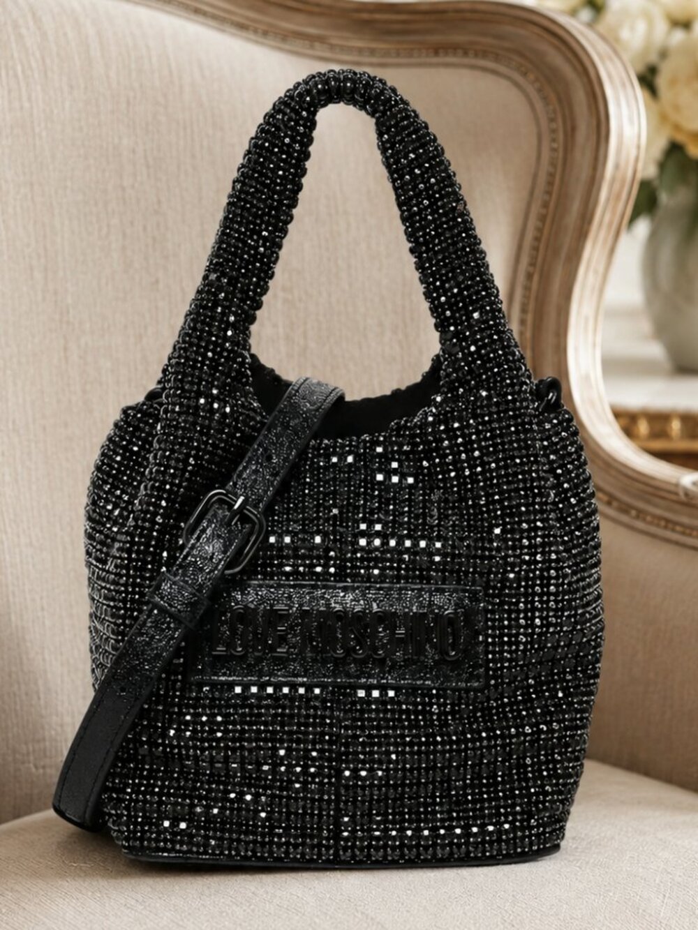 Love Moschino Black Rhinestone Top Handle Crossbody Bag Sparkly Mini